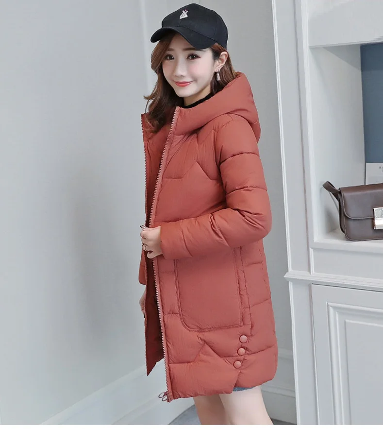 Brick red FairyShely зимняя женская куртка с капюшоном, модная зимняя одежда для девушек, теплая хлопковая стеганая парка с длинным рукавом, пальто для женщин - Цвет: Brick red