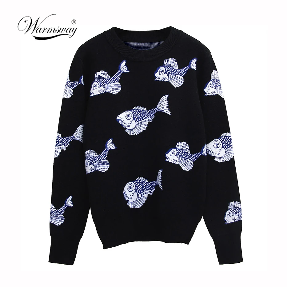 Autumn winter cartoon knitted women sweaters pullovers long sleeve Fish jacquard slim Pull Femme jumpers sueter mujer New C-244