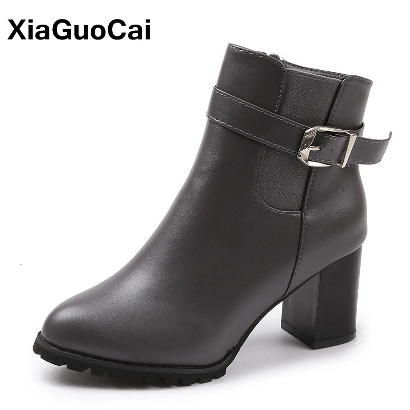 

Women Ankle Boots Spring Autumn High Heels Shoes Female Martin Boots Pointed Toe Zipper PU Leather Buckle Ladies Footwear