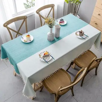 

New Two-tone Decorative Linen Tablecloth With Tassel Waterproof Oilproof Thicken Rectangular Wedding Dining Tea Table Cloth