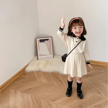 

Toddler Girls School Style Sweater Dress Outfit Clothing Baby Pullover Knit Sweater with Pleate Skirts Two Pcs Kids Girl Clothes