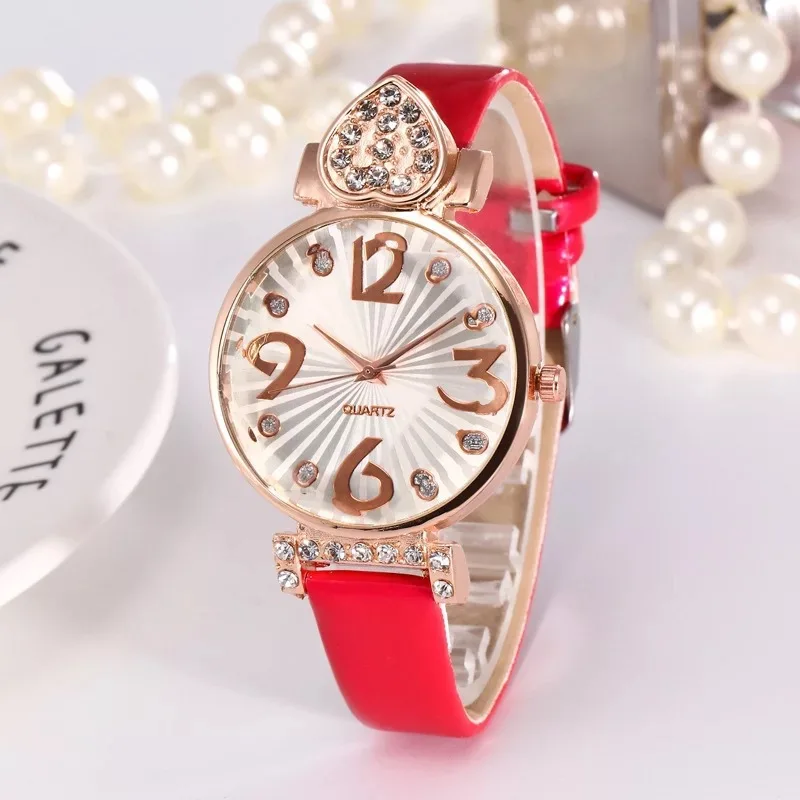 

Fashion Peach Heart Man-made Diamond Large with Numbers Leather Belt WOMEN'S Watch Students Color Women's Rose Gold Shell Quartz