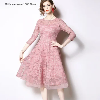 

New spring 2020 round neck out slim lace dress elegant temperament long sleeve dress