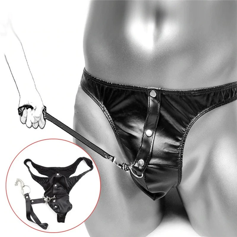 Fetish Men Sexy Sissy Panties With Leash PVC Leather Gay Sex Underwear Wetlook Latex Briefs Erotic Costumes for BDSM Bondage Sex