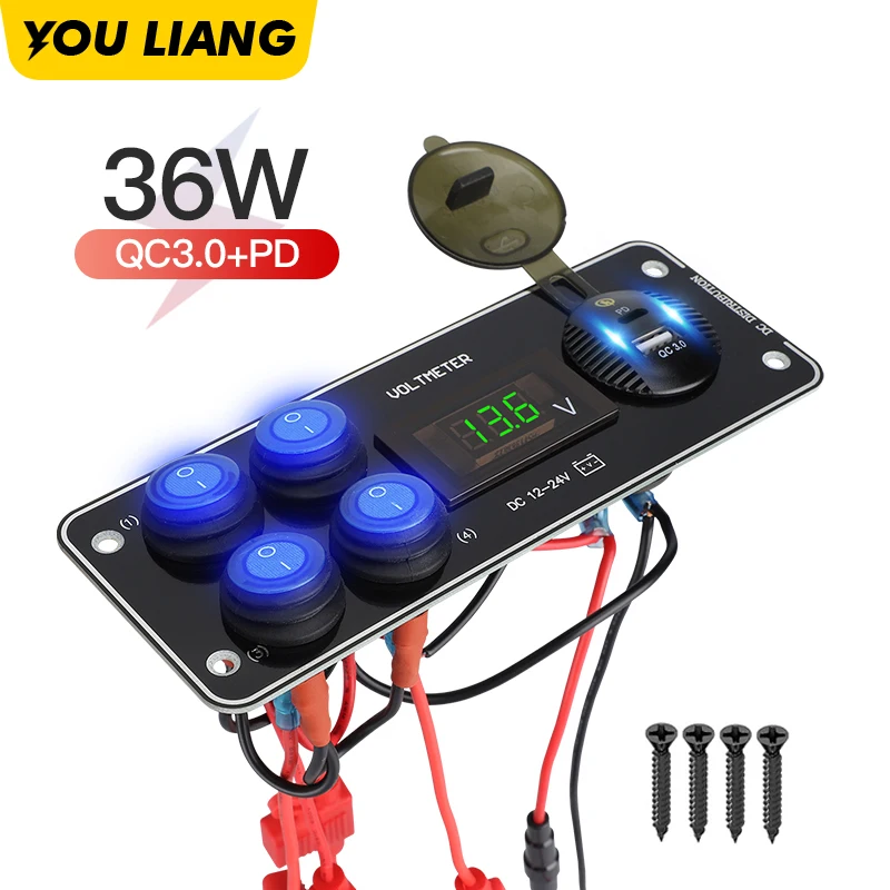 4 Gang Rocker Switch Panel Voltmeter Waterproof 12-24V QC3.0 & PD USB C Charger for Camping Cars Trucks Boats RV ATV Accessories |