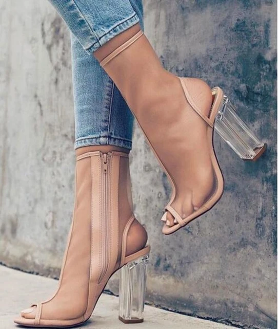 Sexy calze con tacchi robusti trasparenti stivali Peep Toe scarpe eleganti  da banchetto ritagliate laterali stivaletti