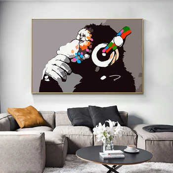 

Orangutan Listening to Music with Earphones Canvas Painting Wall Art Decor Poster Funny Animal Picture for Kids Room Home Decor