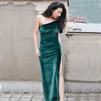

One Shoulder Velvet Evening Dress 2020 Green Side Slit Long Dress For Women Floor Length Sheath Velour Prom Gown For Party