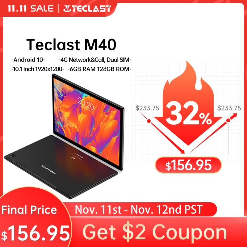 Teclast M40 10.1 Android 10 Tablet 6GB RAM 128GB ROM UNISOC T618 Octa Core 4G Network Tablets PC 1920x1200 Dual Wifi Type-C