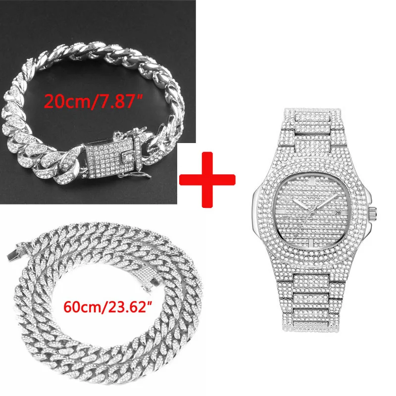 3PCS silver Дропшиппинг мужские s часы лучший бренд класса люкс Iced Out часы с бриллиантами для мужчин нержавеющая сталь Бизнес наручные часы Человек хип-хоп - Цвет: 3PCS silver