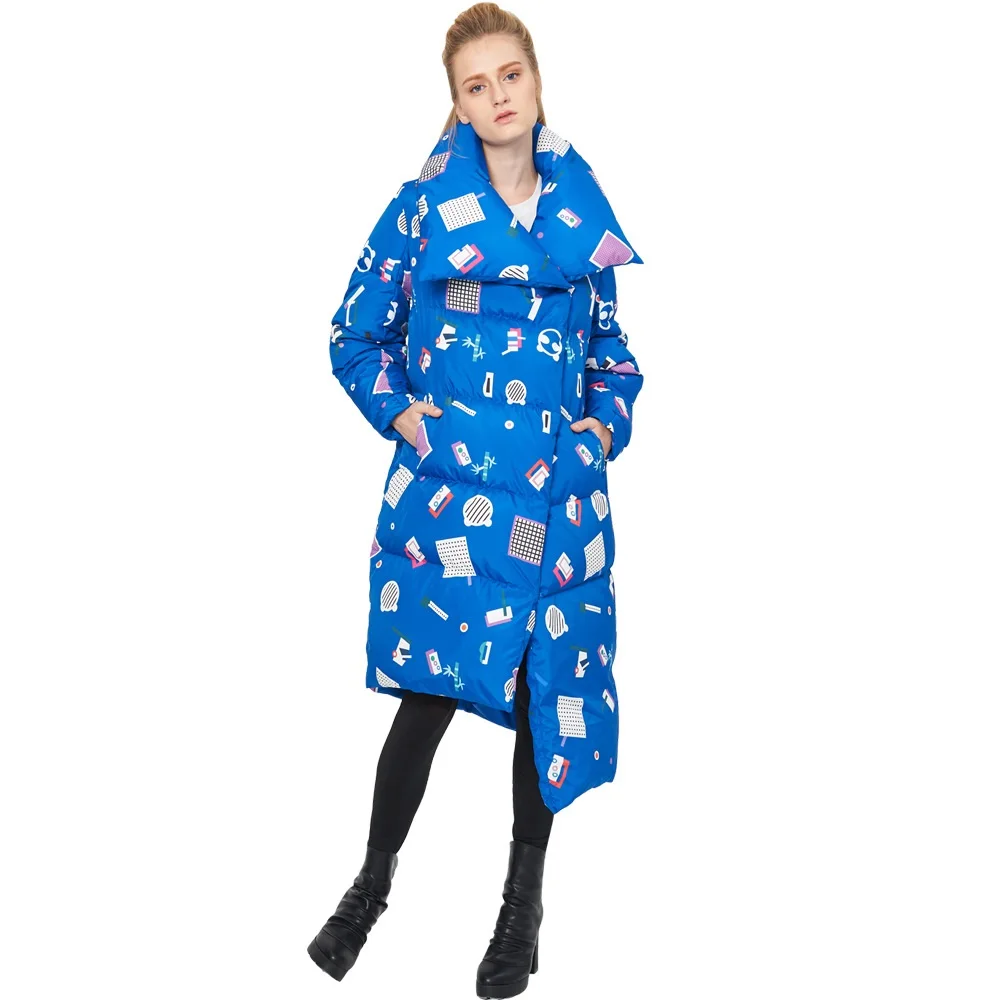 

2019 Winter New Style European And American-Style Large Quilt Coat Thick Asymmetrical Printed Mid-length down Jacket