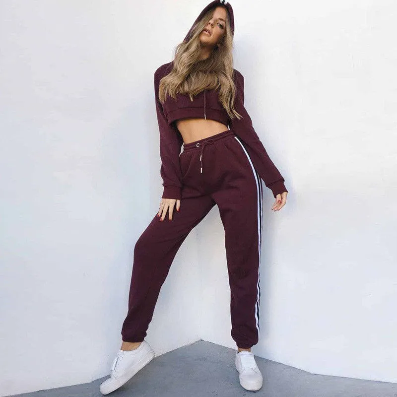 Tracksuit 2pcs Women Set Hoodies Crop Top Sweatshirt+Side Stripe Pants Hooded 2 Pieces Sets Clothing Suits Female | Женская одежда