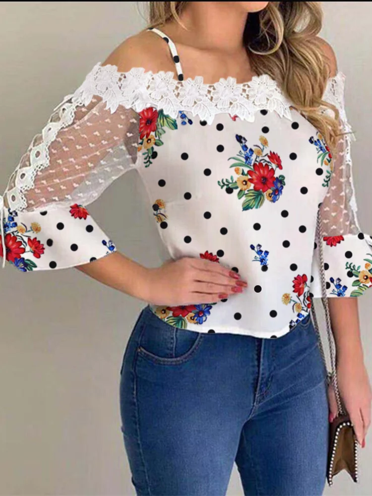 

2019 Autumn Women Elegant Stylish Party Top Female Fashion Basic Casual Shirt Cold Shoulder Mesh Insert Dots Floral Print Blouse