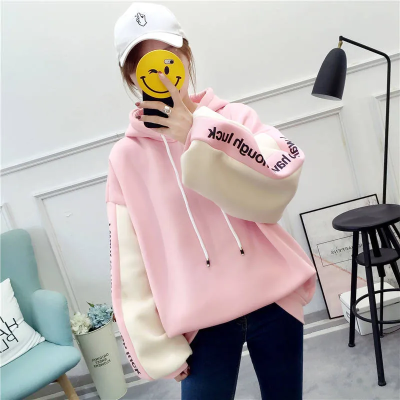 Осенние худи и толстовки для женщин Корейский Ulzzang Harajuku свободный карман длинный рукав свитшот с принтом в виде надписи Толстовка уличная