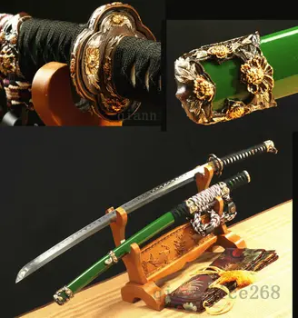 

DAMASCUS FOLDED STEEL BLACK CLAY TEMPERED JAPANESE SAMURAI SWORD KATANA DRAGON