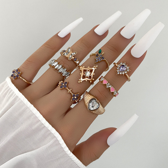 Colorful Enamel Finger Ring Set For Women Heart Butterfly Flower Crystal Kunckle Rings Fashion Lady Party Jewelry