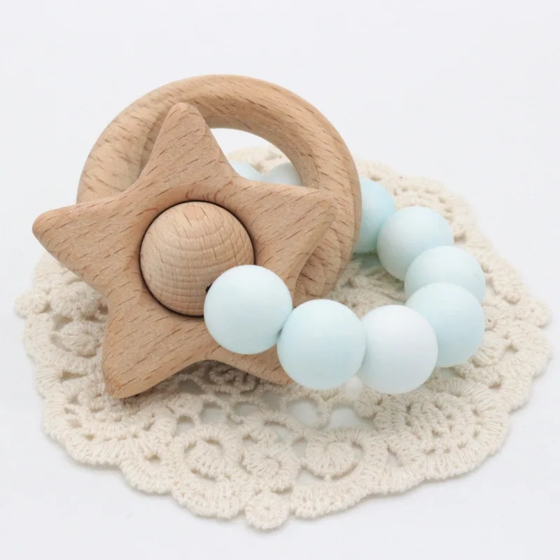 

Wooden Baby Teether Toys BPA Free Bracelet Beech Ring Wholesale Circus Star Animal Cartoon Flower Rodent Teether