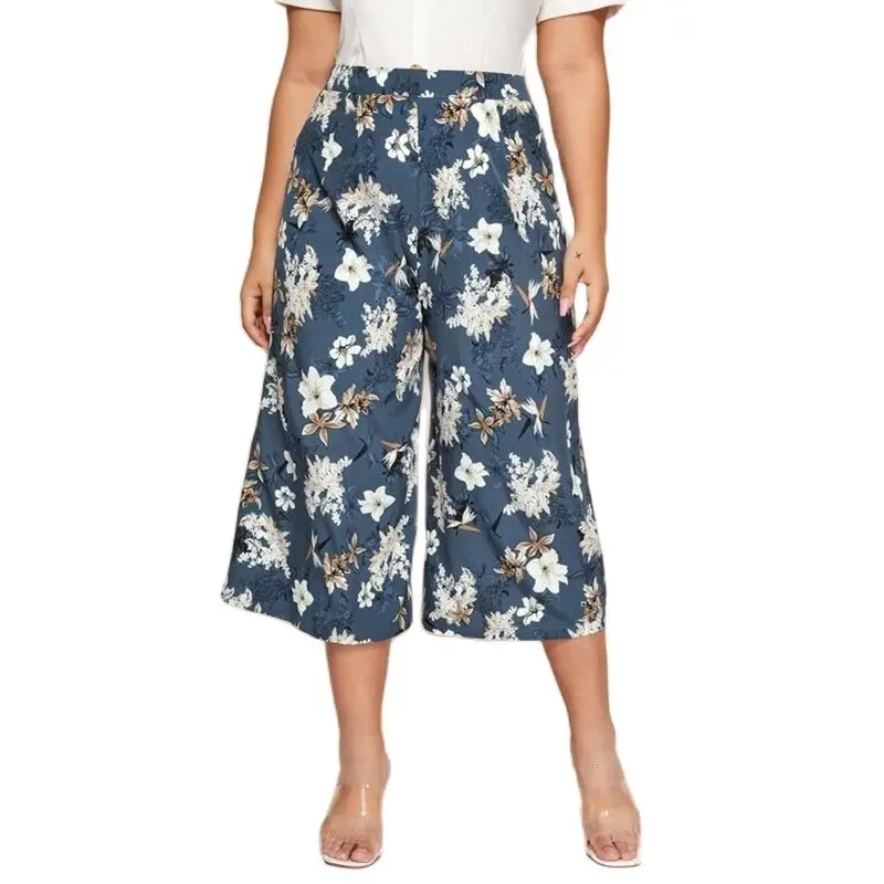 

Summer High-waist Plus Size Bottoms Casual Wide-leg Pants Floral Wide-leg Large Size Capri Pants
