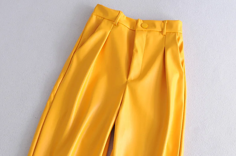 Brand New PU Leather Loose Pants Women Fashion Faux Leather Trousers Yellow Elegant Pockets Zipper Button Pant Female Ladies gloria vanderbilt capris