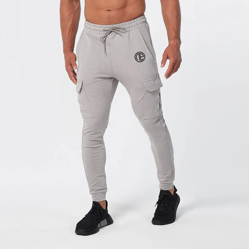 Gray Модные новые брюки для бега мужские спортивные хлопчатобумажные спортивные брюки фитнес упражнения для брюк Осень Мужская спортивная одежда мульти-карман спортивные брюки - Цвет: Gray
