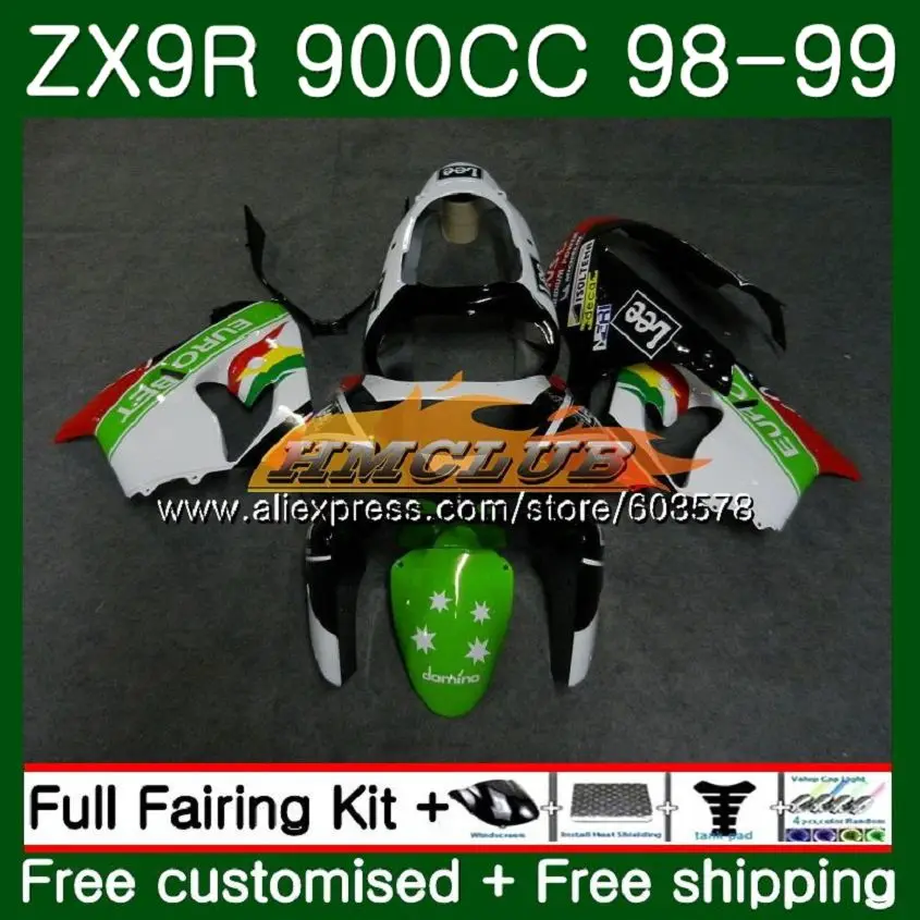Корпус для KAWASAKI ZX900 ZX9 R ZX 9R ZX9R 98 99 00 01 110CL. 67 900CC ZX 9 R 900 ZX-9R 1998 1999 2000 2001 обтекатель зеленый, белый