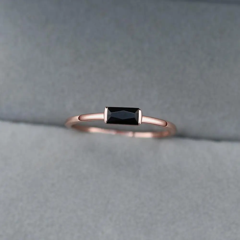 Милое женское маленькое кольцо с черным камнем, Настоящее 925 пробы, серебряное кольцо на палец, кольца для помолвки для женщин - Цвет камня: Rose Gold