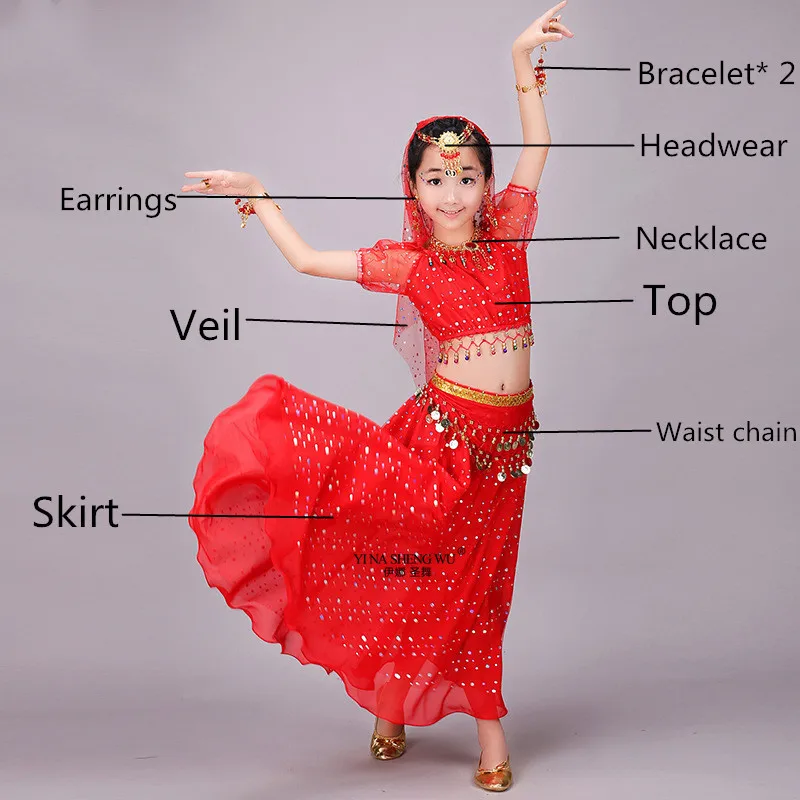 Детский костюм для танца живота для девочек, детские индийские танцевальные костюмы для девочек, детские костюмы для выступлений для девочек, танец живота, Египетский танец - Цвет: Red 8pcs