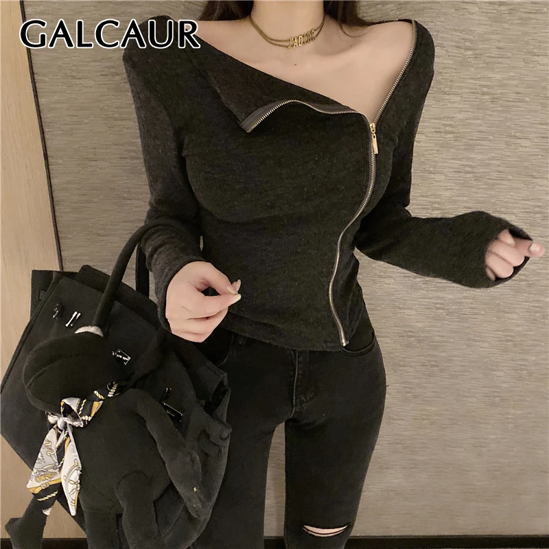 Женская Асимметричная футболка с длинным рукавом GALCAUR тонкая и высокой талией