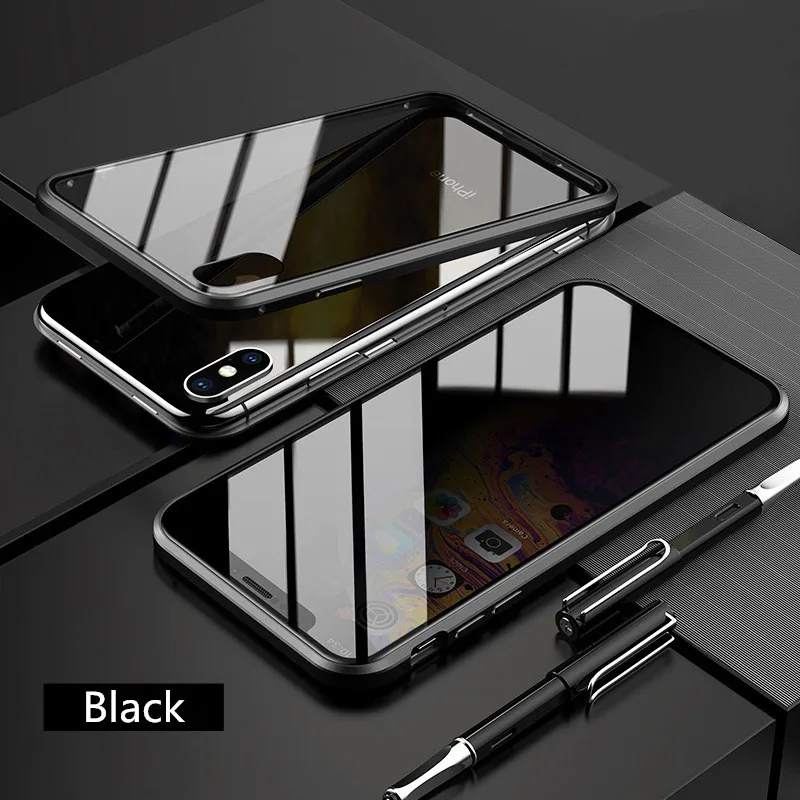 Конфиденциальности магнитное закаленное стекло металлический чехол для iPhone X Xr Xs Max 8 7 Plus защищающий от подсматривания 360 градусов полный защитный чехол для телефона - Цвет: Black