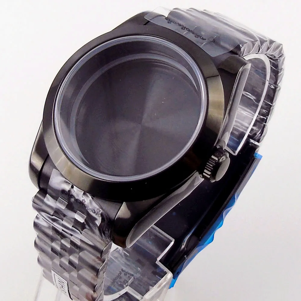 

40mm Fully Black Plated Watch Case Fit For NH35/Miyota 8215 Sapphire Glass Jubilee Bracelet Glass/Steel Back Cover Screw Crown