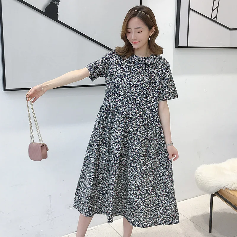 

2019 Summer Cotton Linen Short Sleeve Small Floral Large Size Dress Peter Pan Collar Hipster MORI Series Long Dress for Pregant