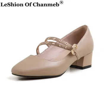 

Women Real Cow Leather Mary Janes Shoes Ladies Black Red Block Heels Metal Decoration Square Toe Pumps 2020 New sapato feminino