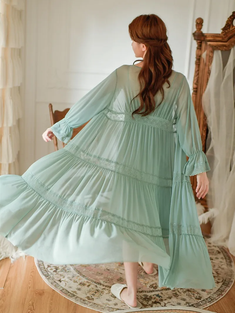 Мягкий модальный комплект из 2 предметов, женский халат, весна-осень, винтажное газовое Длинное ночное платье принцессы, Многоярусное Ночное платье для девочек, домашняя одежда