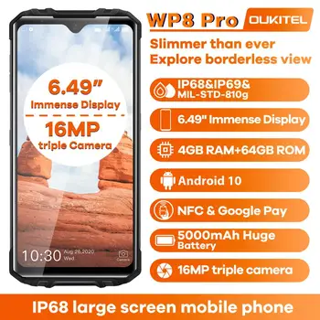 Перейти на Алиэкспресс и купить OUKITEL WP8 Pro IP68 прочный смартфон Android 10 4 Гб 64 Гб 5000 мАч 16MP Тройная камера NFC 6,49 дюймов мобильный телефон водонепроницаемый