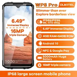 OUKITEL – Smartphone WP8 Pro, téléphone Mobile robuste, IP68, Android 10, 4 go 64 go, 5000mAh, Triple caméra 16mp, NFC, écran 6.49 pouces, étanche 