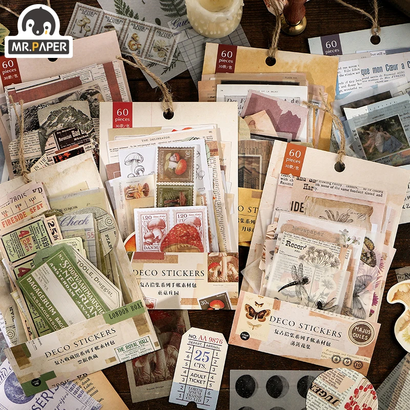 

Mr.paper 60Pcs Retro Collection Art Multi-Material Deco Diary Material Sticker Scrapbooking Planner Decorative School Stationery