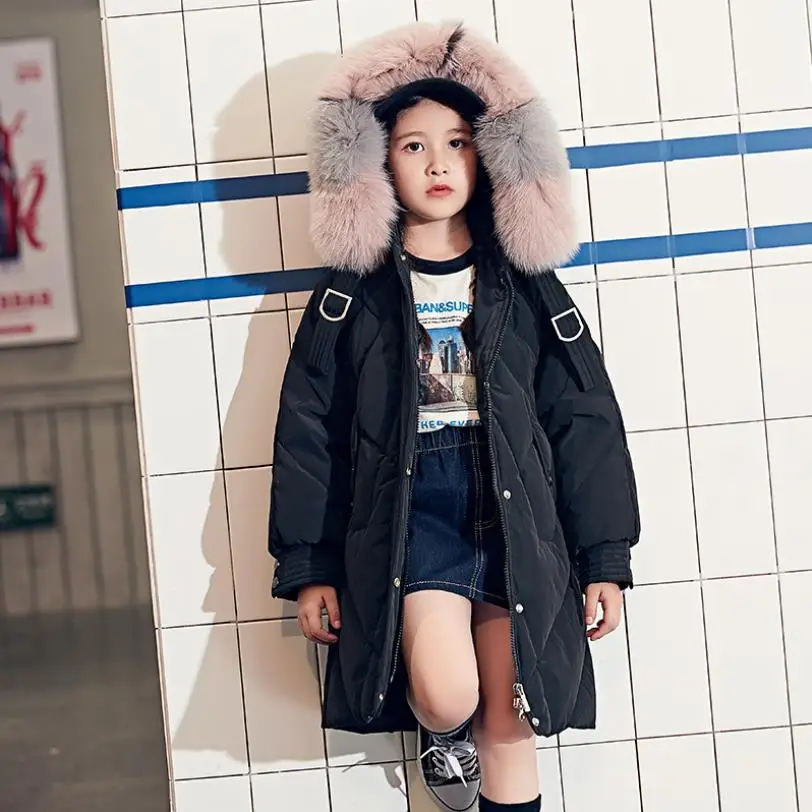 black Детские Пуховые куртки с большим меховым воротником и капюшоном для девочек Новинка зимы 90% года, белые пуховики на утином пуху детская утепленная верхняя одежда Топы ws1147 - Цвет: black