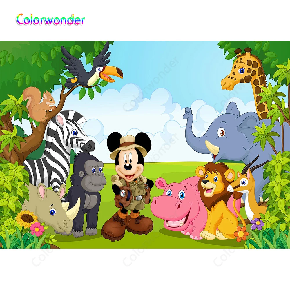 

Cartoon Photography Mickey Mouse Jungle Wild Animals Blue Sky with Green Trees Forest Newborn Safari Birthday Backdrops for Kids