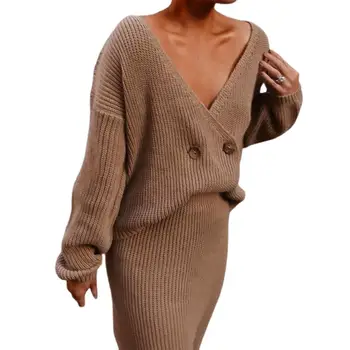 

2020 New Women Autumn Winter Outfit Long Sleeve Knitted Sweater Skirt Two Pieces Dress Women's clothing женские свитера