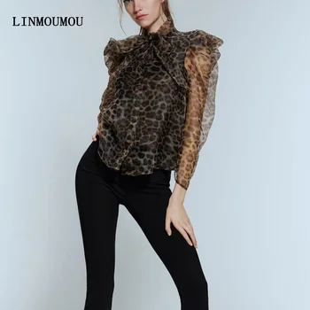 

Bow Sexy Leopard Print Shirts Tops For Women Blouses Puff Sleeve Blouse Lady Clothing Summer Female Blouses Evening Party Tops