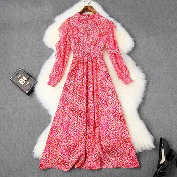 

High Quality Ruffle Party Robe Vintage Lantern Sleeve Cocktail Vestidos Women Runway Designer Luxury Long Chiffon Dress