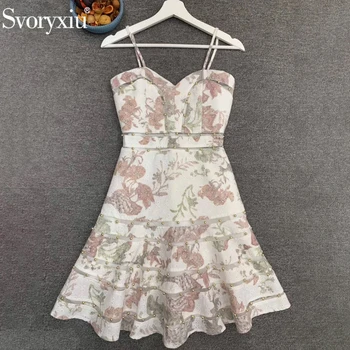 

Svoryxiu Runway Designer Women Summer Floral Print Embroidery Spaghetti Strap Dress Ladies Mesh Stitching Beading Boho Dresses