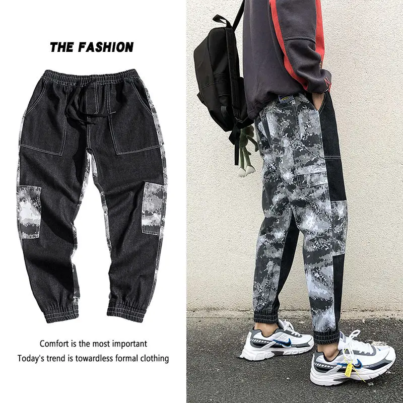 

Cotton Camo Casual Pants Men's Fashion Hit Color Drawstring Jeans Men Streetwear Wild Loose Hip Hop Denim Trousers Mens M-5XL
