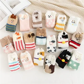

NEW Winter Kawaii Harajuku Coral Polyester Women Socks Gifts Japanese Thicken Cat Cute Blue Dog Pink Casual Cartoon Sock Velvet