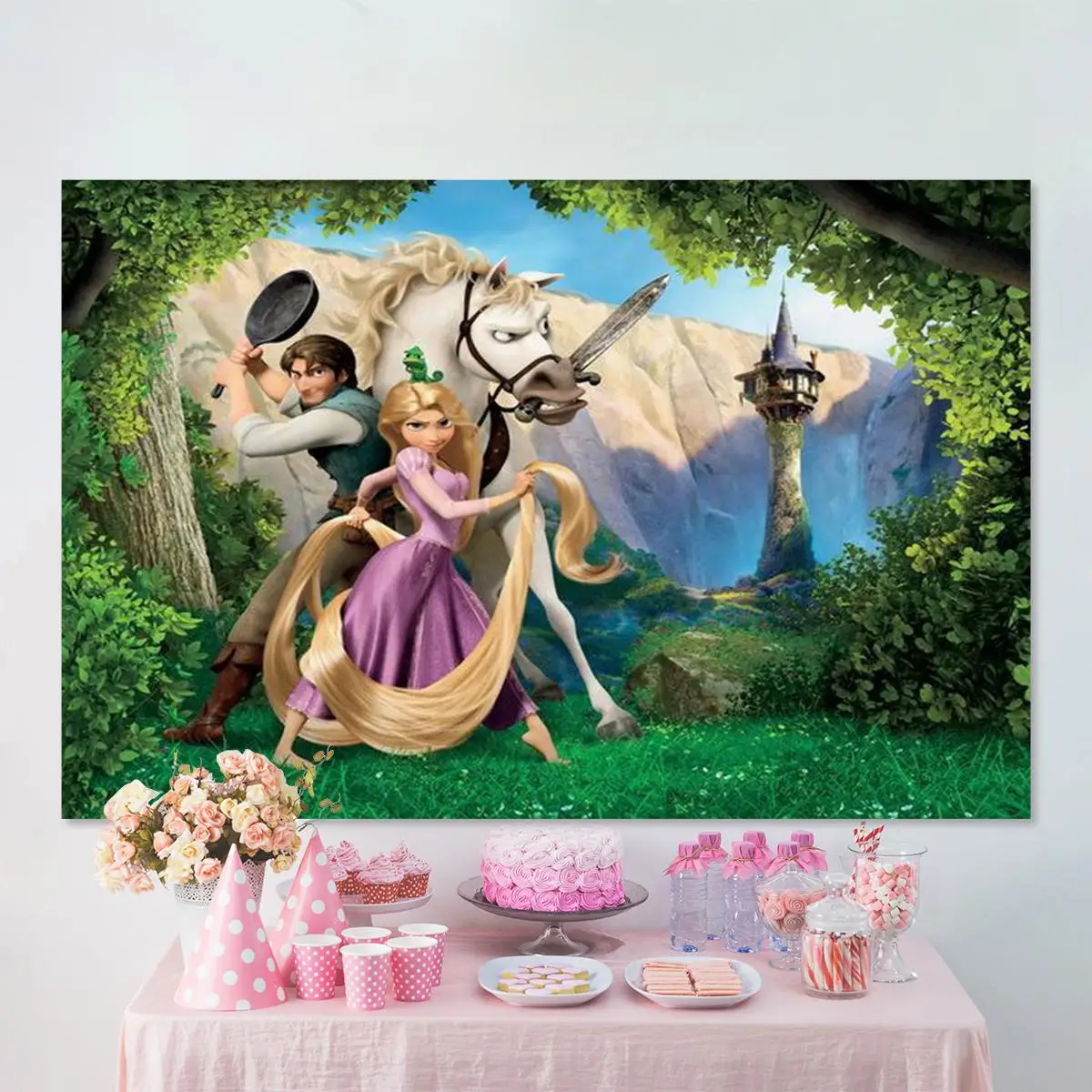 Cartoon Golden Rapunzel Wit Paard Achtergrond Meisje Verjaardagsfeestje Decoratie Fotografie Studio Foto Kinderkamer Achtergrond