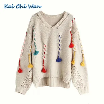 

Kai Chi wan2019 autumn and winter New Retro color tassel knitting lazy loose Pullover knitted sweater for women