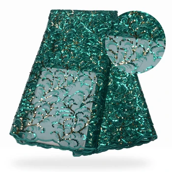 

2019New AfricanLace Fabric High Quality French Tulle Lace Fabric With beautiful sequins Embroidered 5 Yards green For Sarees