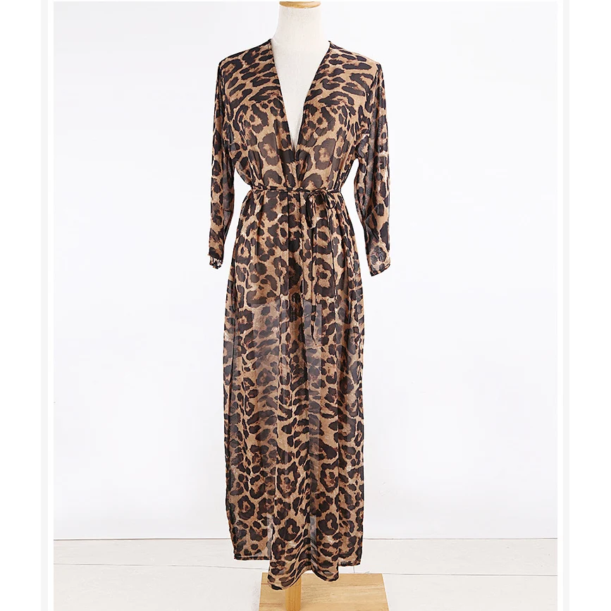 long flowy beach dress 2022 Sexy Leopard Printed Beach Cover Up Chiffon Cover-ups Swimwear Beach Wear Summer Beachwear Female Women Long Dress V3219 sheer bathing suit cover up