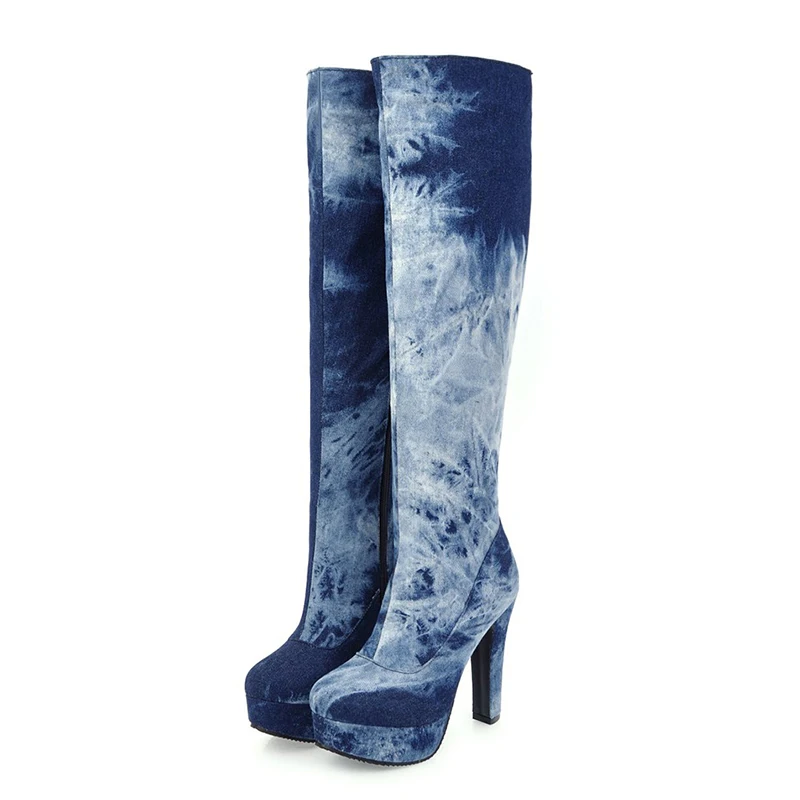 Lucyever/Женские повседневные ботинки смешанных цветов зимние короткие плюшевые синие джинсовые сапоги до колена на платформе и высоком каблуке; Botas Mujer