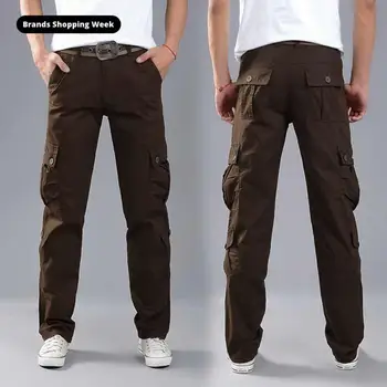 FALIZA Men's Cargo Trousers Multi Pockets Military Style Tactical Pants Plus Size Cotton Men's Outwear Straight Cargo Pants PA49 zipper fly straight leg pockets cargo pants